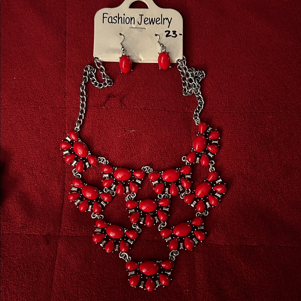 Red Statement Necklace and Earring Set